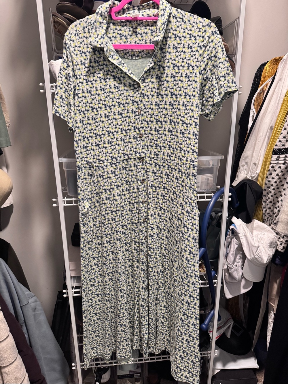 Collared Floral Midi Dress in Green and Blue